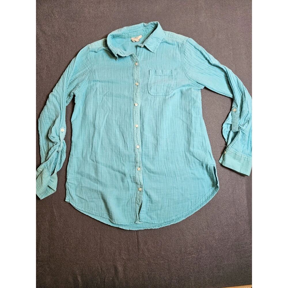 St Johns Bay Top Womens Small Aqua Long Sleeve Button Up Front Pocket